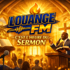 Visuel doré LouangeFM pour annoncer le sermon, avec pasteur prêchant dans une église tropicale, logo bleu et jaune officiel.