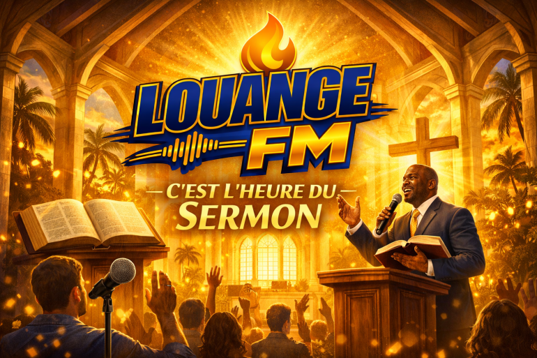 Visuel doré LouangeFM pour annoncer le sermon, avec pasteur prêchant dans une église tropicale, logo bleu et jaune officiel.