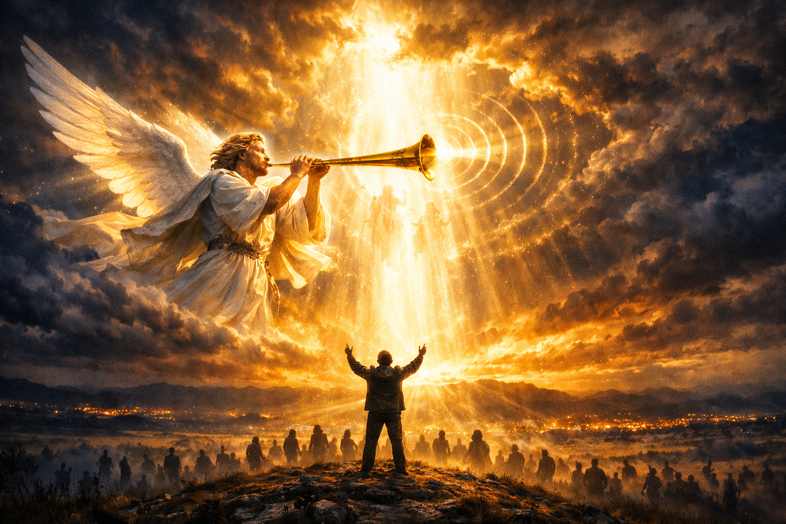 Silhouette d'un homme debout sous un ciel s'ouvrant avec une lumière divine et une trompette angélique, symbolisant le retour de Christ et la résurrection des morts — LouangeFM