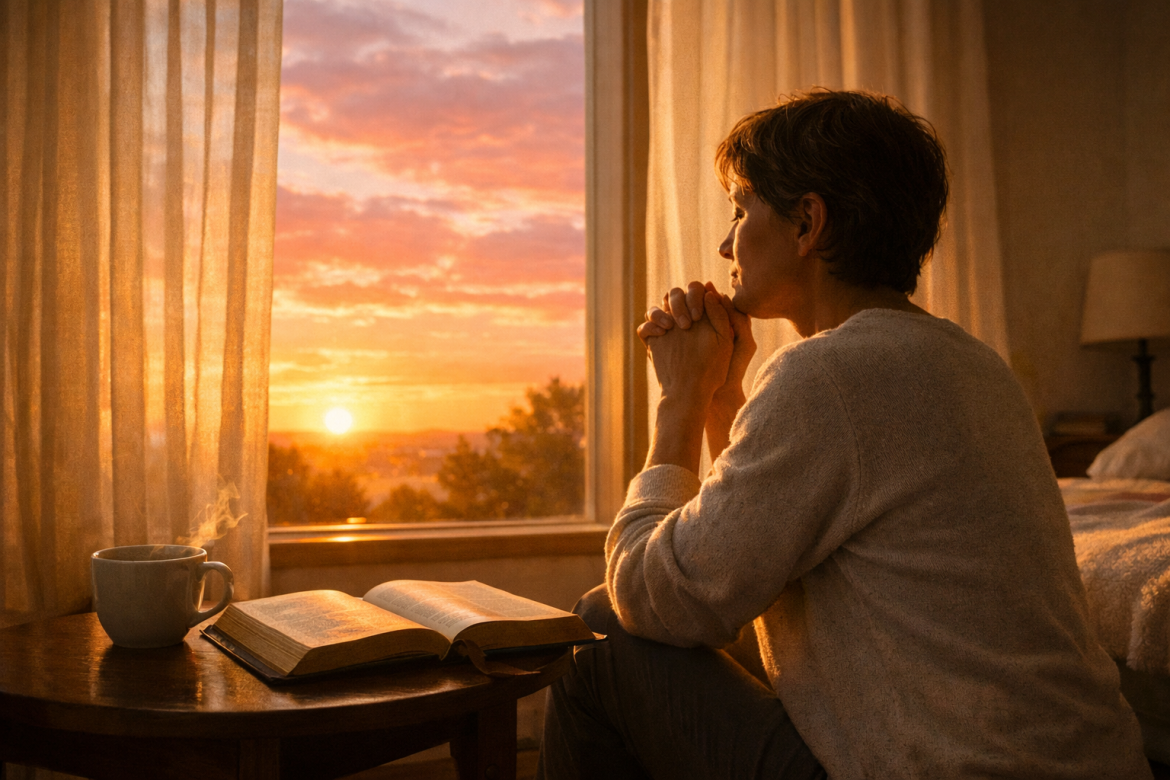 Personne en prière devant une fenêtre baignée de lumière dorée matinale, symbole de gratitude et de consécration de la journée à Dieu — La Voix qui Réveille