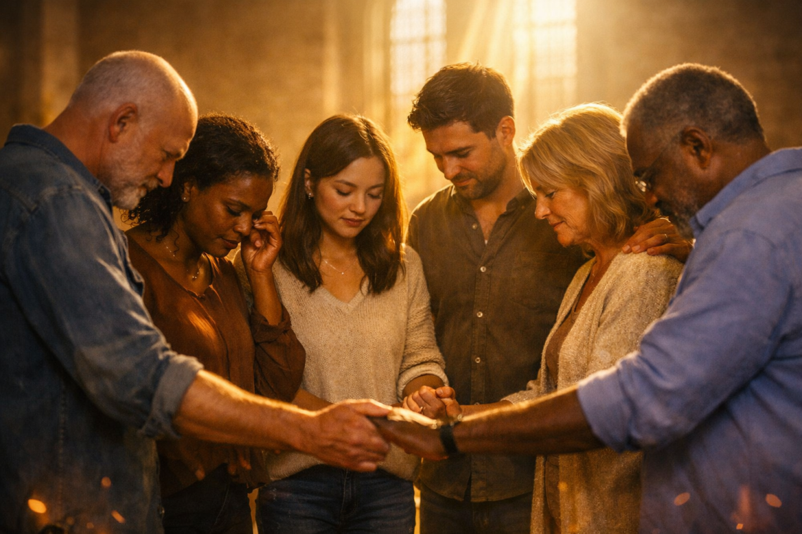 Deux mains se tendant l'une vers l'autre dans une lumière dorée divine, symbole d'amour fraternel et de réconciliation chrétienne — réflexion spirituelle LouangeFM