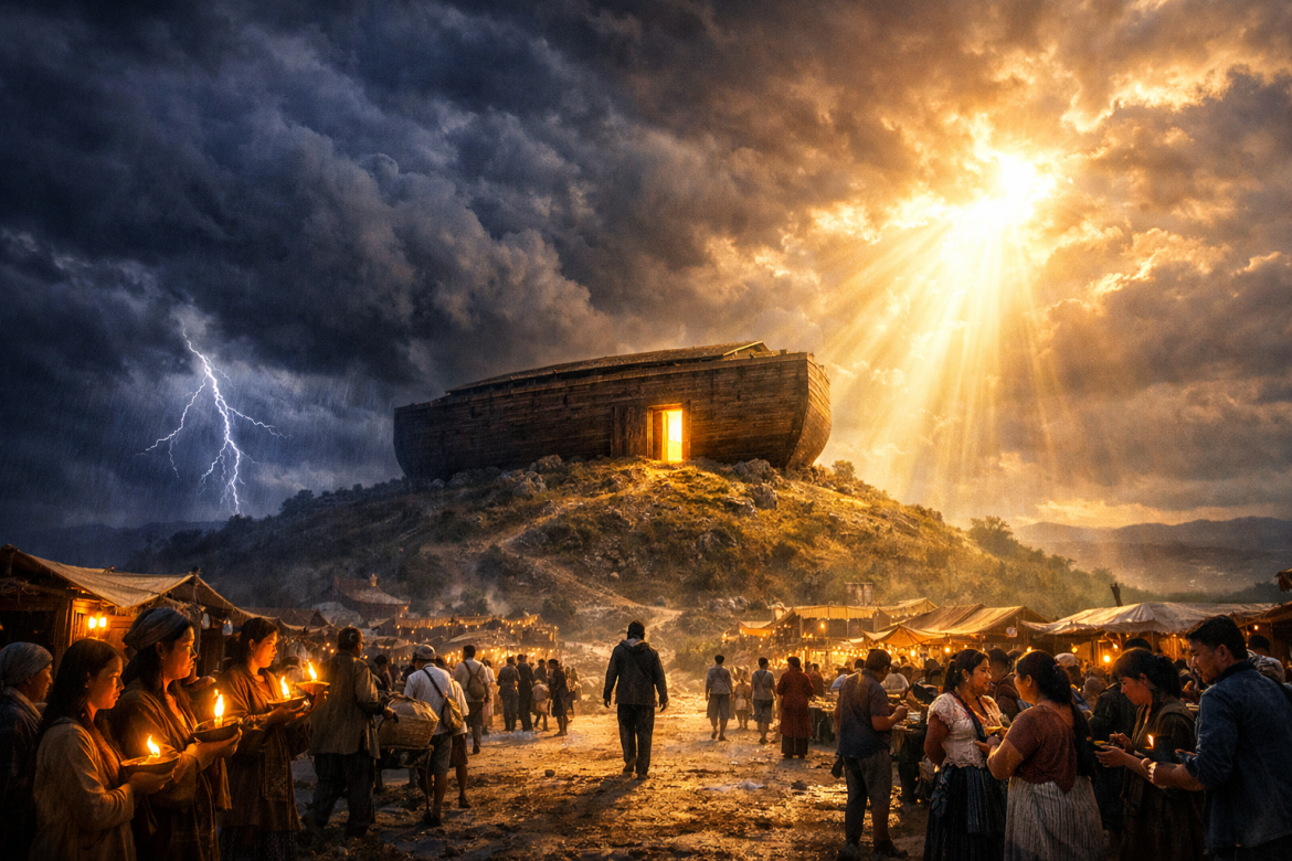 Arche massive sur une colline sous un ciel dramatique d'orage avec une lumière divine perçant les nuages noirs, symbole du salut et de l'urgence du retour de Christ — LouangeFM