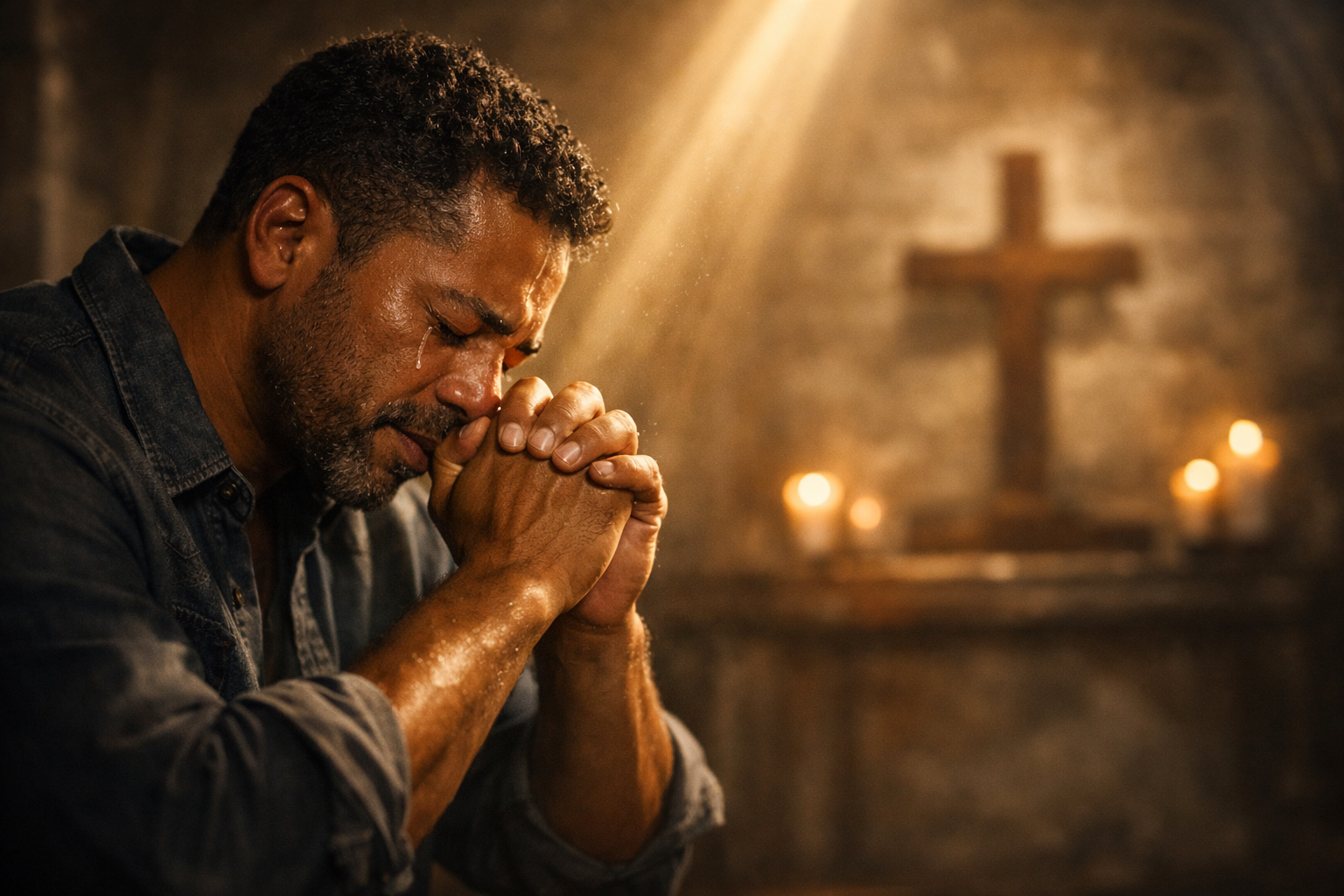 Homme en prière devant une croix, cherchant le pardon de Dieu dans une chapelle baignée de lumière divine — réflexion spirituelle LouangeFM