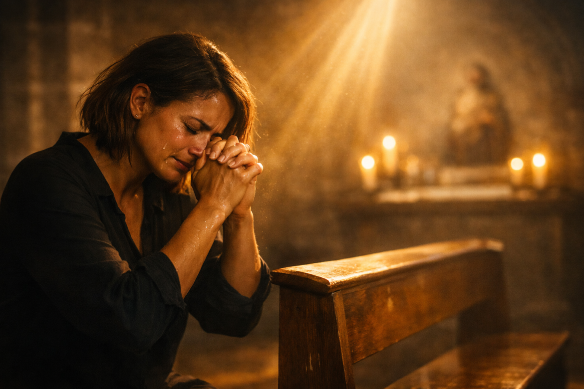 Mère en deuil en prière dans une église baignée de lumière divine — réflexion spirituelle sur le pardon et la perte d'un enfant — LouangeFM
