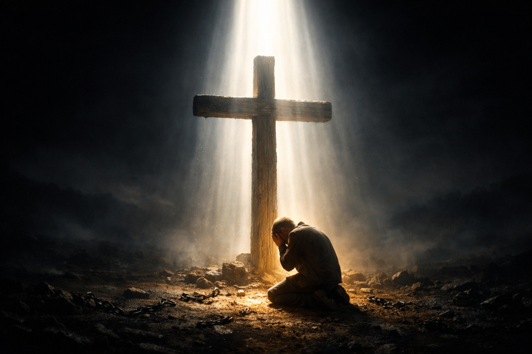 Croix illuminée dans une obscurité profonde avec une main tendue vers elle, symbolisant le choix entre le péché délibéré et le retour au sacrifice de Christ — LouangeFM